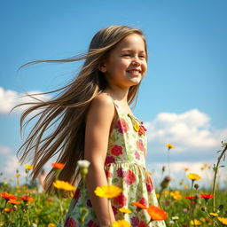 A beautiful girl with long flowing hair, wearing a vibrant floral dress, standing in a sunny meadow filled with wildflowers