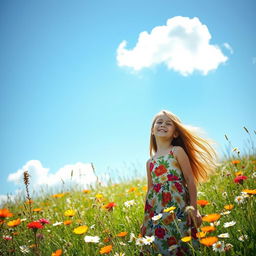 A beautiful girl with long flowing hair, wearing a vibrant floral dress, standing in a sunny meadow filled with wildflowers