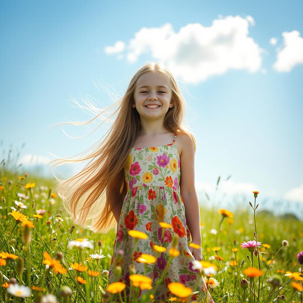 A beautiful girl with long flowing hair, wearing a vibrant floral dress, standing in a sunny meadow filled with wildflowers