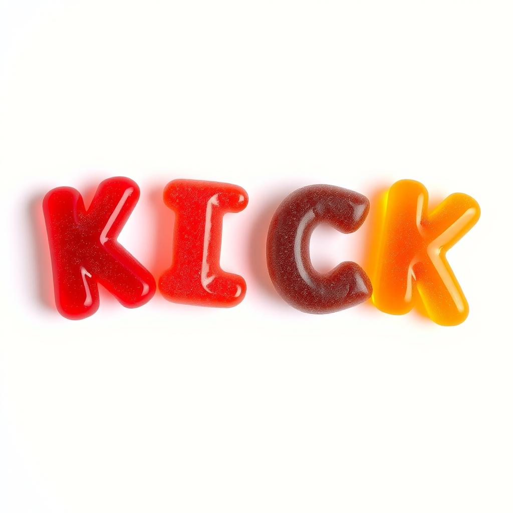 A colorful and playful arrangement of gummy candies shaped like the letters "KICK"