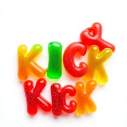 A colorful and playful arrangement of gummy candies shaped like the letters "KICK"