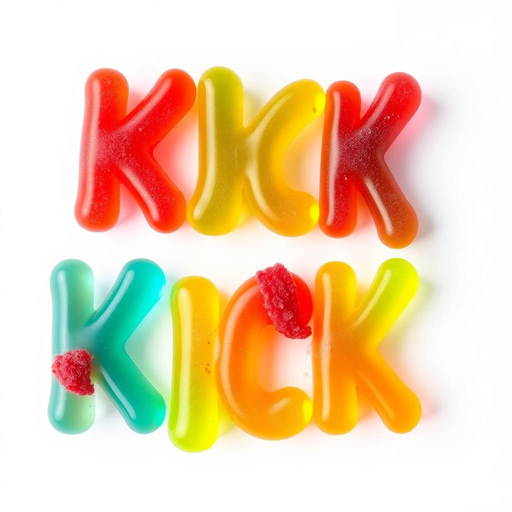 A colorful and playful arrangement of gummy candies shaped like the letters "KICK"