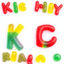 A colorful and playful arrangement of gummy candies shaped like the letters "KICK"