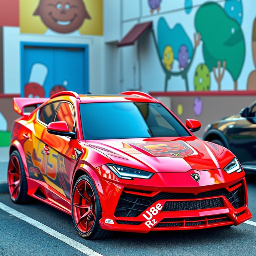 A Lamborghini Urus outfitted with a playful and sporty body kit inspired by Lightning McQueen from the movie Cars