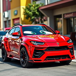 A Lamborghini Urus outfitted with a playful and sporty body kit inspired by Lightning McQueen from the movie Cars