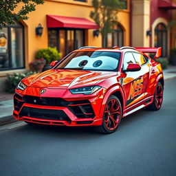 A Lamborghini Urus outfitted with a playful and sporty body kit inspired by Lightning McQueen from the movie Cars