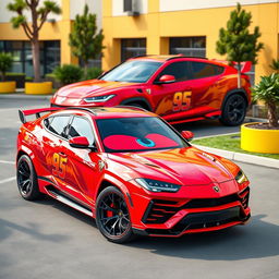 A Lamborghini Urus outfitted with a playful and sporty body kit inspired by Lightning McQueen from the movie Cars