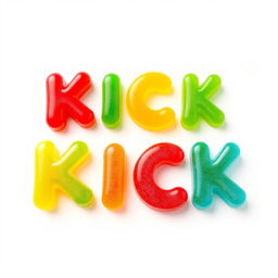 A colorful display of 2D gummy candies shaped like the letters "KICK"