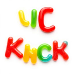 A colorful display of 2D gummy candies shaped like the letters "KICK"