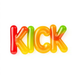 A colorful display of 2D gummy candies shaped like the letters "KICK"