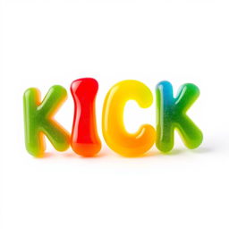 A colorful display of 2D gummy candies shaped like the letters "KICK"