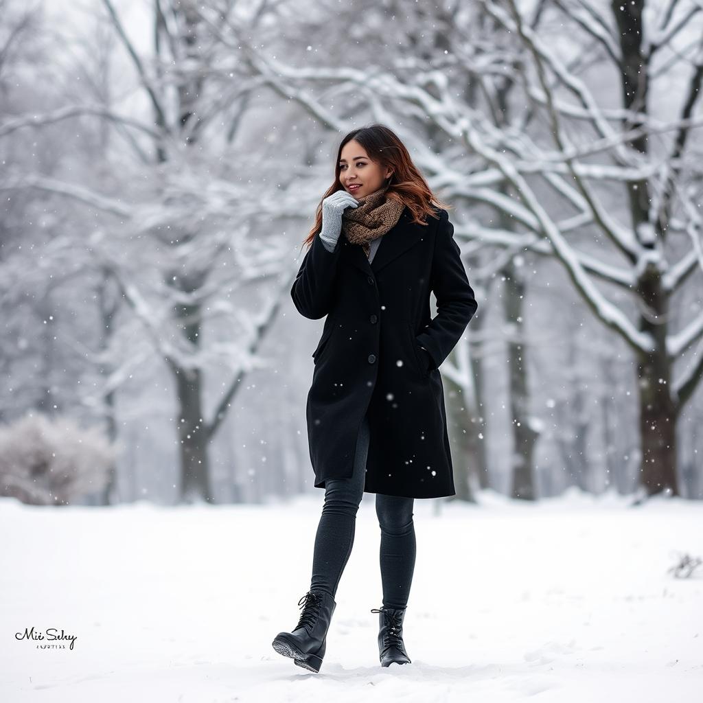 a woman walking in the snow while it is snowing, dressed warmly in a stylish winter coat, with snowflakes gently falling around her, her breath visible in the chilly air, surrounded by a peaceful winter landscape with soft snow covering the ground, trees in the background coated with white snow, creating a serene and tranquil atmosphere