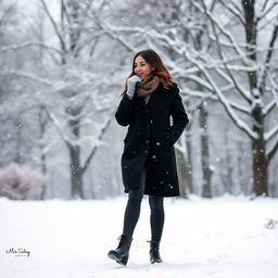 a woman walking in the snow while it is snowing, dressed warmly in a stylish winter coat, with snowflakes gently falling around her, her breath visible in the chilly air, surrounded by a peaceful winter landscape with soft snow covering the ground, trees in the background coated with white snow, creating a serene and tranquil atmosphere