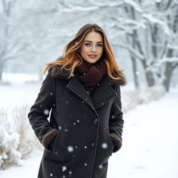 a woman walking in the snow while it is snowing, dressed warmly in a stylish winter coat, with snowflakes gently falling around her, her breath visible in the chilly air, surrounded by a peaceful winter landscape with soft snow covering the ground, trees in the background coated with white snow, creating a serene and tranquil atmosphere