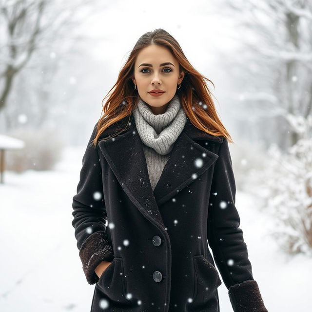 a woman walking in the snow while it is snowing, dressed warmly in a stylish winter coat, with snowflakes gently falling around her, her breath visible in the chilly air, surrounded by a peaceful winter landscape with soft snow covering the ground, trees in the background coated with white snow, creating a serene and tranquil atmosphere