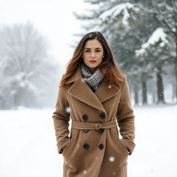 a woman walking in the snow while it is snowing, dressed warmly in a stylish winter coat, with snowflakes gently falling around her, her breath visible in the chilly air, surrounded by a peaceful winter landscape with soft snow covering the ground, trees in the background coated with white snow, creating a serene and tranquil atmosphere