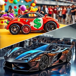 A visually striking comparison between a whimsical, quirky one-dollar car and an extravagant ten-million-dollar supercar