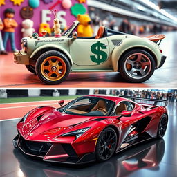 A visually striking comparison between a whimsical, quirky one-dollar car and an extravagant ten-million-dollar supercar