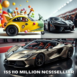 A visually striking comparison between a whimsical, quirky one-dollar car and an extravagant ten-million-dollar supercar