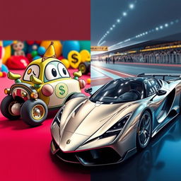 A visually striking comparison between a whimsical, quirky one-dollar car and an extravagant ten-million-dollar supercar