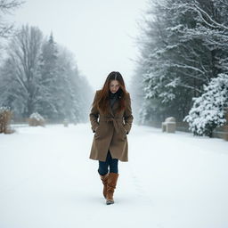 A sad woman walking in the snow during a snowfall