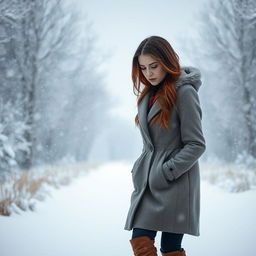 A sad woman walking in the snow during a snowfall