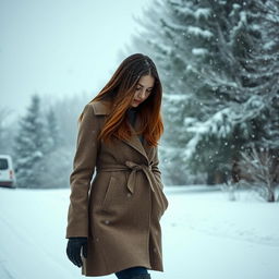 A sad woman walking in the snow during a snowfall