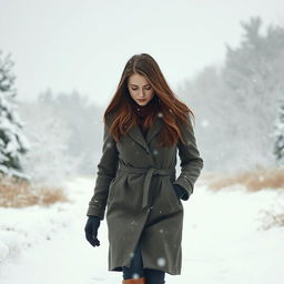 A sad woman walking in the snow during a snowfall