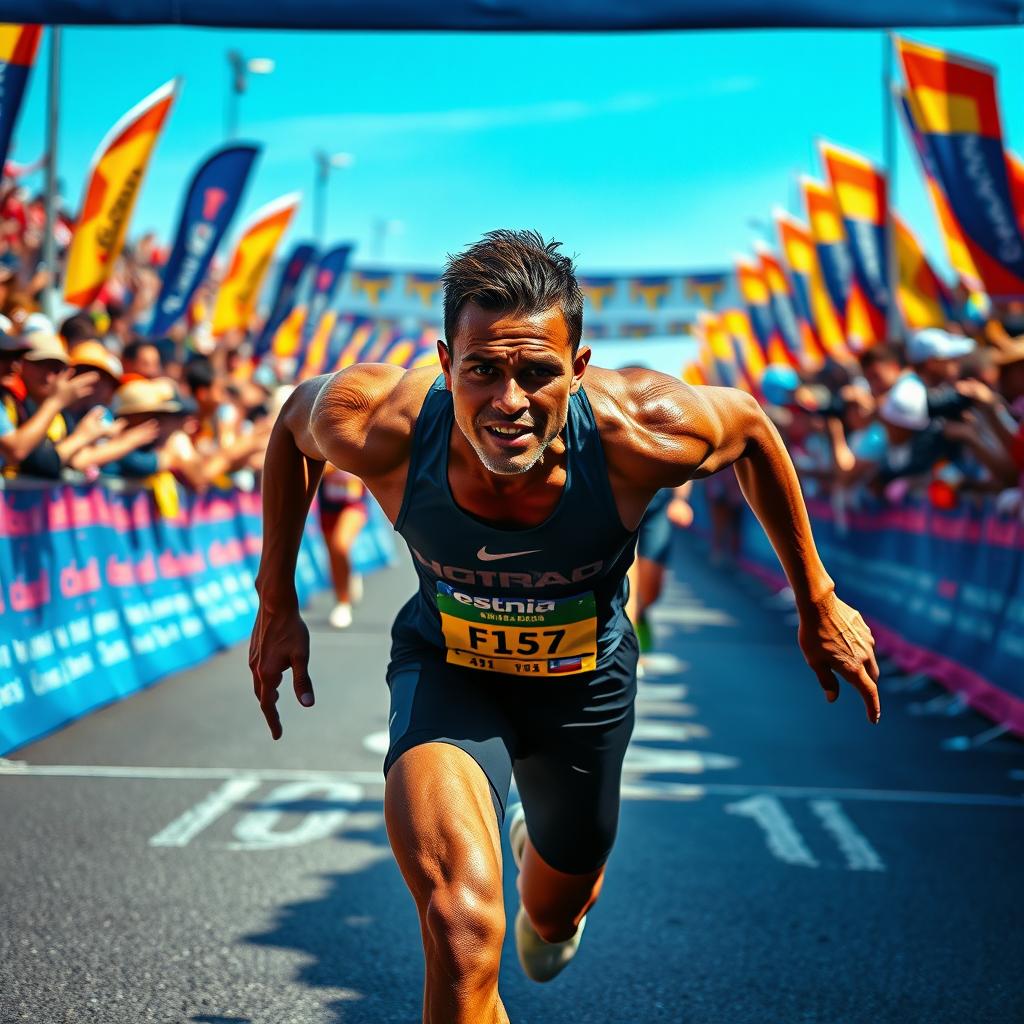 A determined athlete, dripping with sweat, closely approaching the finish line of a marathon