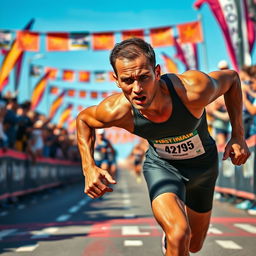 A determined athlete, dripping with sweat, closely approaching the finish line of a marathon