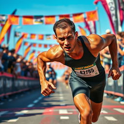 A determined athlete, dripping with sweat, closely approaching the finish line of a marathon