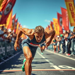 A determined athlete, dripping with sweat, closely approaching the finish line of a marathon