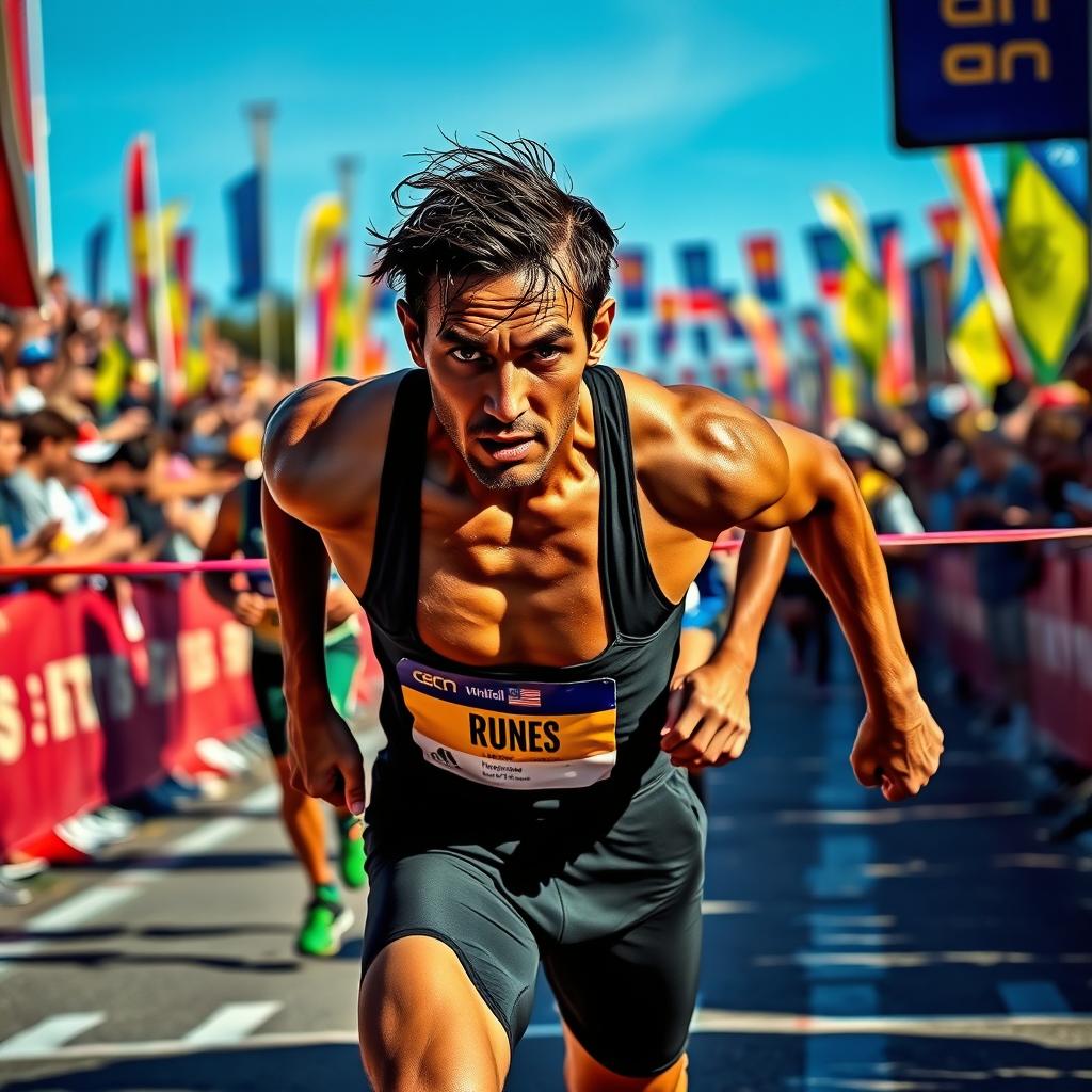 A determined athlete, dripping with sweat, closely approaching the finish line of a marathon