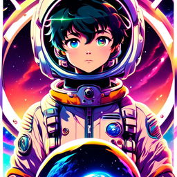 Anime boy astronaut in retro-futuristic spacesuit against a backdrop of vibrant nebulae and a large ringed planet.