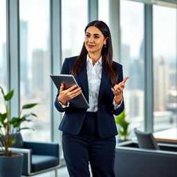 A professional businesswoman standing confidently in a modern office environment, wearing a tailored navy blue suit with a crisp white blouse