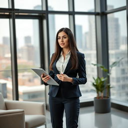 A professional businesswoman standing confidently in a modern office environment, wearing a tailored navy blue suit with a crisp white blouse