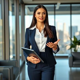 A professional businesswoman standing confidently in a modern office environment, wearing a tailored navy blue suit with a crisp white blouse