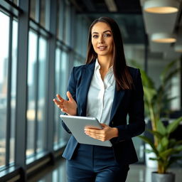 A professional businesswoman standing confidently in a modern office environment, wearing a tailored navy blue suit with a crisp white blouse