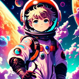 Anime boy astronaut in retro-futuristic spacesuit against a backdrop of vibrant nebulae and a large ringed planet.