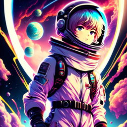 Anime boy astronaut in retro-futuristic spacesuit against a backdrop of vibrant nebulae and a large ringed planet.