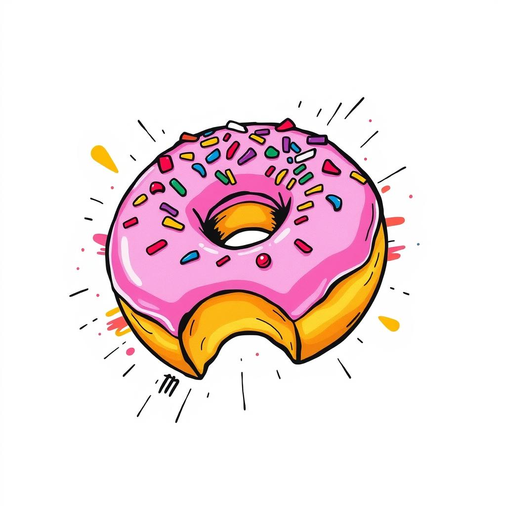 A bold pink doughnut featuring a wide bite mark, showcasing delicious frosting and a generous amount of colorful sprinkles scattered on top