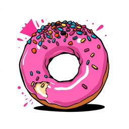 A bold pink doughnut featuring a wide bite mark, showcasing delicious frosting and a generous amount of colorful sprinkles scattered on top