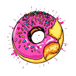 A bold pink doughnut featuring a wide bite mark, showcasing delicious frosting and a generous amount of colorful sprinkles scattered on top