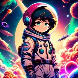 Anime boy astronaut in retro-futuristic spacesuit against a backdrop of vibrant nebulae and a large ringed planet.