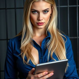 An extreme close-up of a gorgeous businesswoman with long blonde hair, wearing a blue uniform shirt tied elegantly at the front, showcasing a hint of cleavage