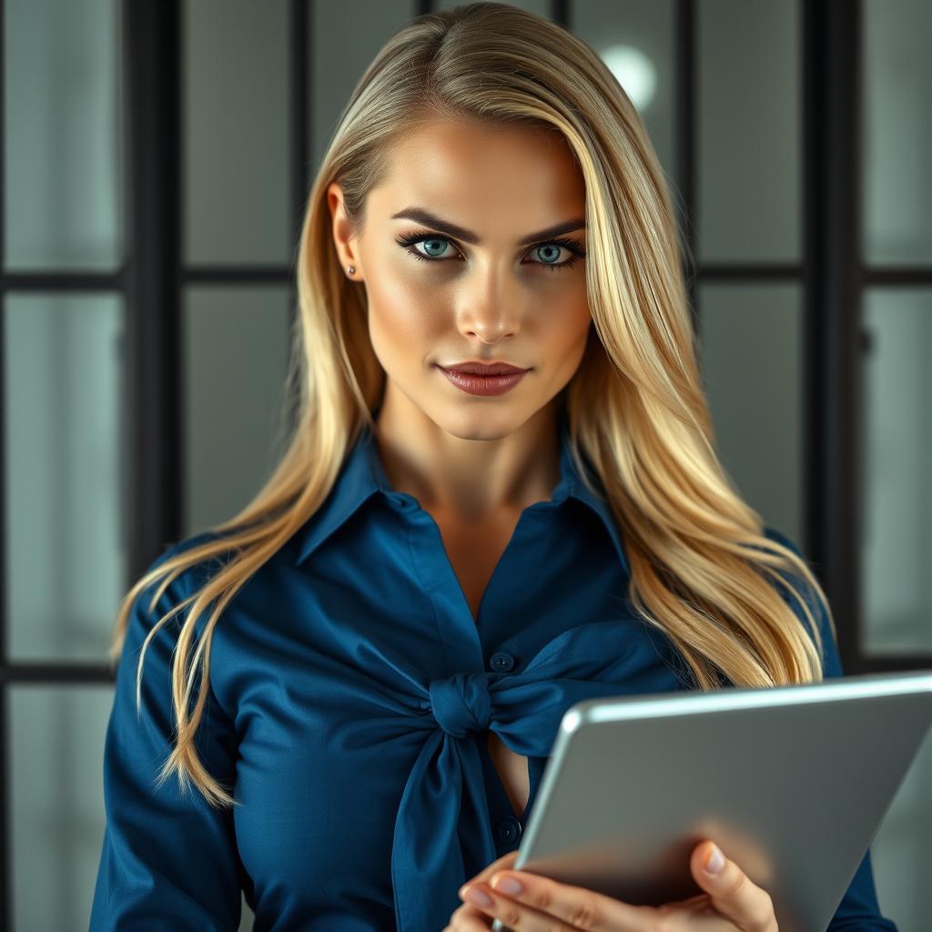 An extreme close-up of a gorgeous businesswoman with long blonde hair, wearing a blue uniform shirt tied elegantly at the front, showcasing a hint of cleavage