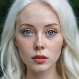 Beautiful girl with big eyes, juicy lips, freckles, white hair, and pale skin.