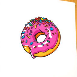 A delicious pink doughnut featuring a wide bite mark, generously topped with an array of colorful sprinkles