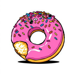 A delicious pink doughnut featuring a wide bite mark, generously topped with an array of colorful sprinkles