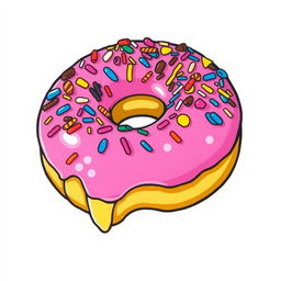 A delicious pink doughnut featuring a wide bite mark, generously topped with an array of colorful sprinkles